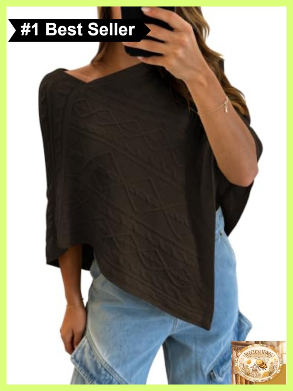 Cotton Blend Knit Poncho Cape Sweater Asymmetrical Batwing Sleeve